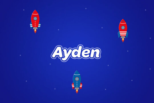 Ayden male boy name illustration in blue with rockets.