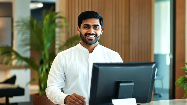 Elegant Indian Hotel Receptionist Welcoming Guests at a Stylish Front Desk A professional Indian hotel receptionist