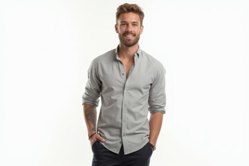 Half-Length (Waist-Up) portrait of young stylish smiling Swedish male model in preppy wear isolated on pure white background looking at camera