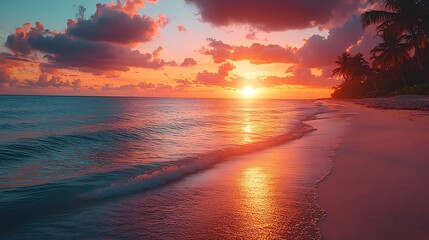 Tranquil palm beach golden sunset high resolution picture