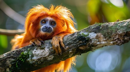 Fototapeta premium Golden Lion Tamarin Recovery Rainforest Guardians Once brink of extinction golden lion tamarin now thrive Brazil due rainforest preservation Depict golden lion tamarin perched tree branch bright