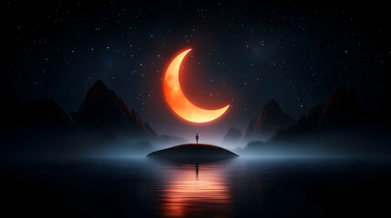 Solitary Figure on Island Beneath a Large Orange Crescent Moon at Night