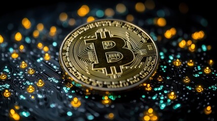 Golden Bitcoin on Circuit Board