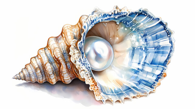 Watercolor paint ocean shell with pearl illustration. Spiritwoven Shell. Illustration