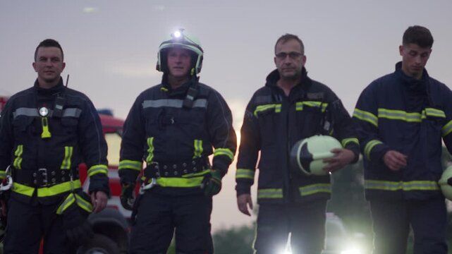 Brave Firefighters Team Walking to the Camera. In Background Paramedics and Firemen Rescue Team Fight Fire in Car Accident, Insurance and Save Peoples Lives concept.