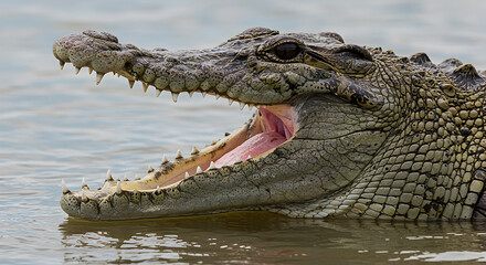 Obraz premium Menacing Crocodile Jaws Open Wide Displaying Sharp Teeth Emerging from Water