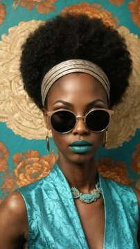 Stylish woman in retro fashion with blue lips and floral vintage background  
