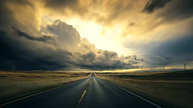 lonely road vanishes into the distance under an ominous sky, evoking a sense of adventure, uncertainty, and the unknow