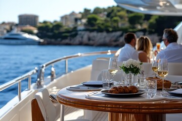 A beautifully arranged dining setup on a luxury yacht, showcasing exquisite table decor and a scenic view of the water, perfect for upscale gatherings and celebrations.