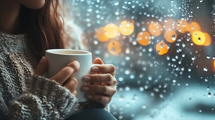 Woman Holding Mug on Rainy Day Near Window with Bokeh Lights