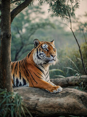 Fototapeta premium Brush-painted tiger and tree in an Eastern style.