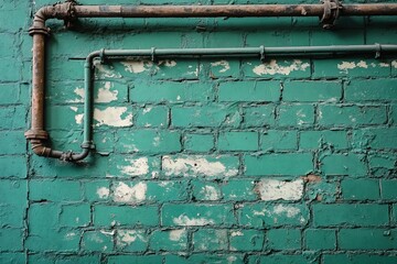 Naklejka premium Teal brick wall with aged copper and green metal pipes.