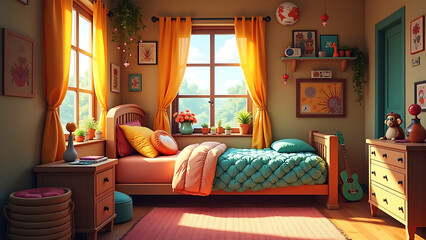 Cozy Yellow Room Interior with Mock-Up Poster Frame, Braided Bed, Green Shelf, Plush Lamp, Monkey, Guitar, Brown Bedding, Rug, Basket, Colorful Toys, and Personal Accessories for Home Decor Inspiratio