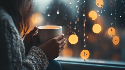 Woman Holding Warm Drink by Rainy Window with Bokeh Lights
