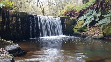 Serene waterfall cascading over mossy stones into a tranquil pool, surrounded by lush ferns and trees.