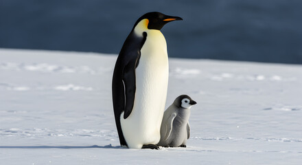 Majestic emperor penguin safeguarding its vulnerable chick on antarctic ice