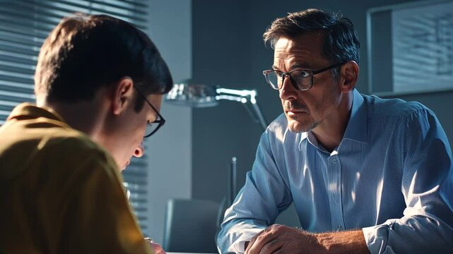A man in glasses looks down at the document during a conversation with someone else.