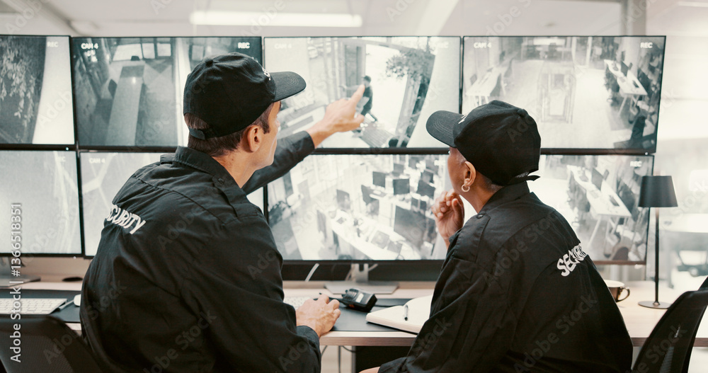 Leinwandbilder camera, security and people pointing on computer screen for surveillance, observation and monitoring