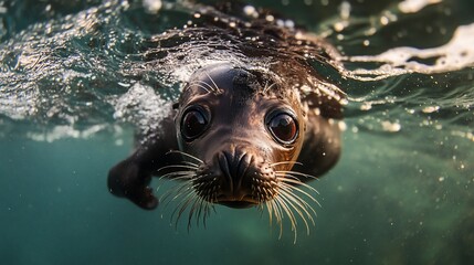 Fototapeta premium Underwater close-up of a curious seal pup swimming near the surface.