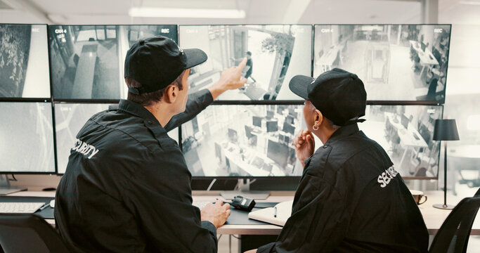 Camera, security and people pointing on computer screen for surveillance, observation and monitoring. Inspection, footage and guards with live feed for protection and building safety in control room