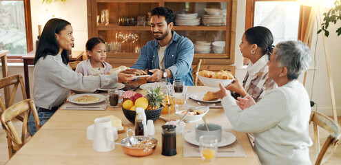 Helping, child or family in home for lunch for healthy meal, bowl or serving with love or care. Group reunion, parents or people in house for dinner, nutrition or feast with diet, girl or support