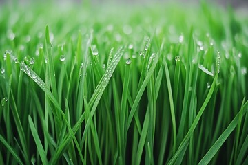 Obraz premium Close-up of dew drops on vibrant green grass blades.