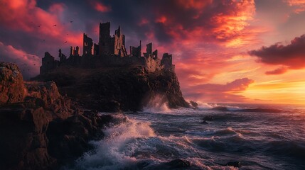 Fototapeta premium Dramatic sunset over coastal castle ruins with crashing waves.