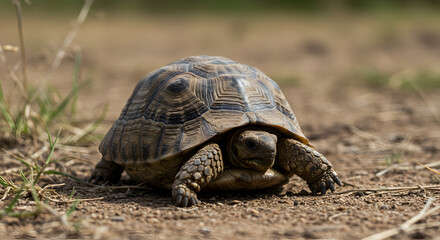 Fototapeta premium Focused tortoise portrait on earth, with shallow depth of field outdoors