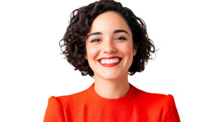 Smiling woman in red blouse posing on black background, cut out transparent