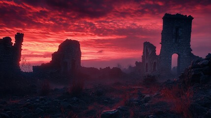 Obraz premium Red sunrise over ancient stone ruins and foggy field.