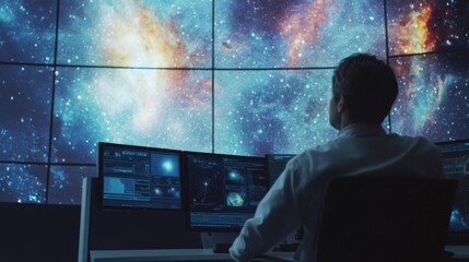 An advanced space telescope control room, scientists monitoring deep-space images on large screens, Aerospace style