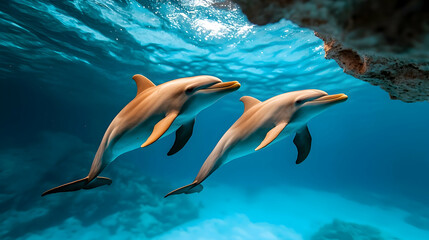Obraz premium Two Dolphins Swimming Underwater in a Vibrant Blue Ocean