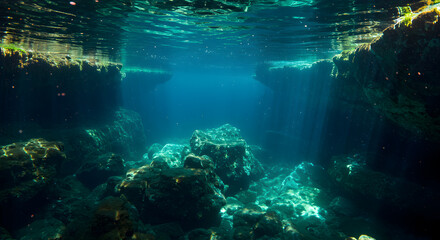 Obraz premium Mysterious underwater landscape showcasing cenote's karst formations and filtered sunlight