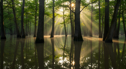 Mystical flooded forest landscape with sunlight piercing through the trees