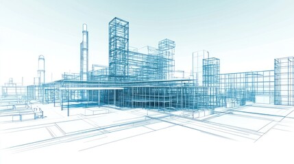Fototapeta premium Blueprint Rendering of Industrial Complex Structure in Wireframe Design