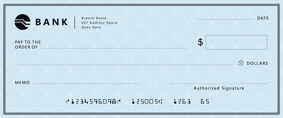 Blue Bank check, vector blank money cheque, checkbook template with guilloche pattern and fields. Currency payment coupon, money check background