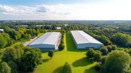 Two modern industrial warehouses amidst a lush green landscape.  Spacious, well-maintained facilities situated in a park-like setting
