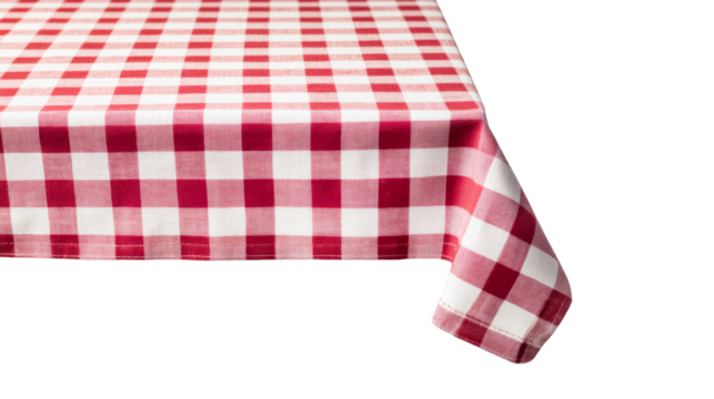 Red and white checkered tablecloth on black background, cut out transparent