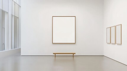 Modern Art Gallery with Blank Frames on White Walls and Bench