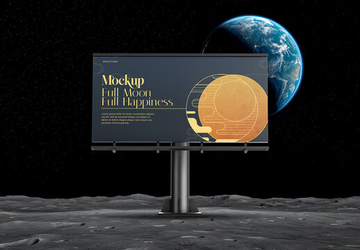 Billboard Mockup Standing on a Cratered Lunar Surface