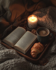 Tray on a soft blanket, coffee in a ceramic mug, warm croissant, an open book, and a lit candle nearby