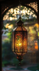 Ornate lantern hanging, garden archway, warm evening light