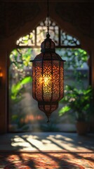 Ornate lantern hanging, arched doorway, tropical garden, morning sunlight