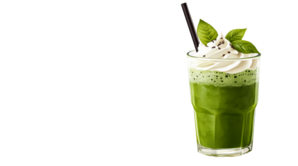 Matcha green tea smoothie with whip cream, transparent cutout