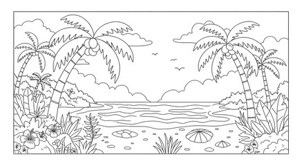 Tropical beach landscape coloring page