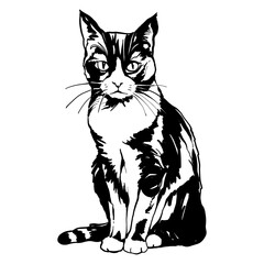Obraz premium Sitting cat Front View. Realistic vector black and white hand drawn cat illustration.