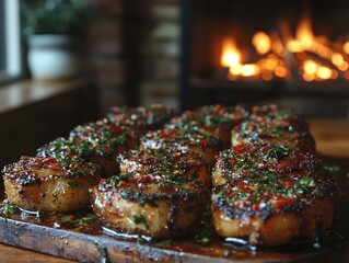 Grilled seafood appetizers near fireplace