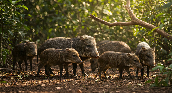 Whitelipped peccary herd amidst the greenery of a lush tropical forest environment - Powered by Adobe