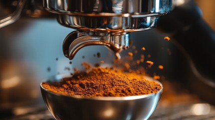 Freshly ground coffee flowing into a portafilter from a high quality coffee grinder for brewing