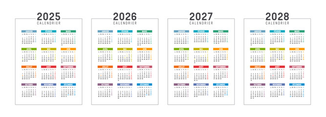 Colorful French calendar set, year 2025 2026 2027 2028 France planner, white background